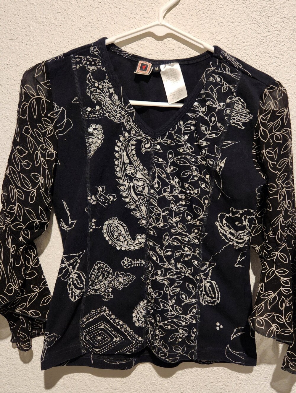 Forbidden Y2K Black Floral Embroidered Rhinestone Bell Sleeve Top Size M